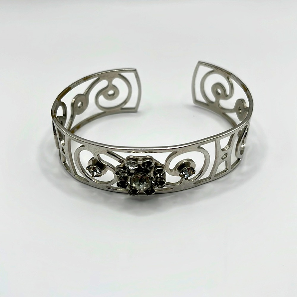Metal bracelet with clear and black rhinestones